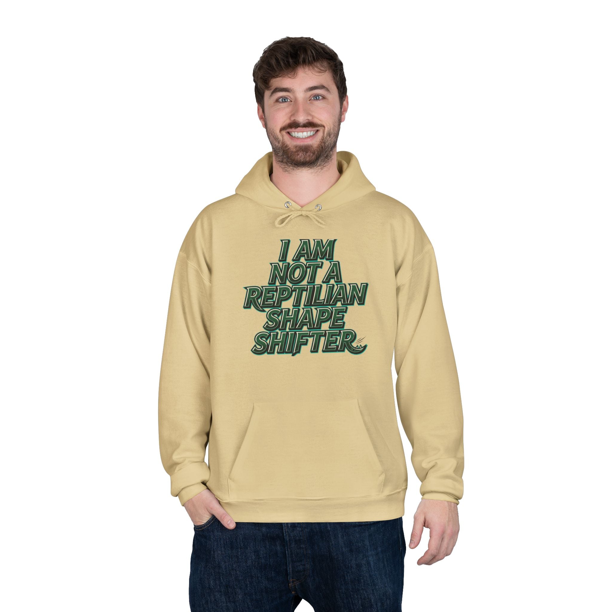 I Am Not A Reptilian Shape Shifter Hoodie – Statement Graphic Pullover