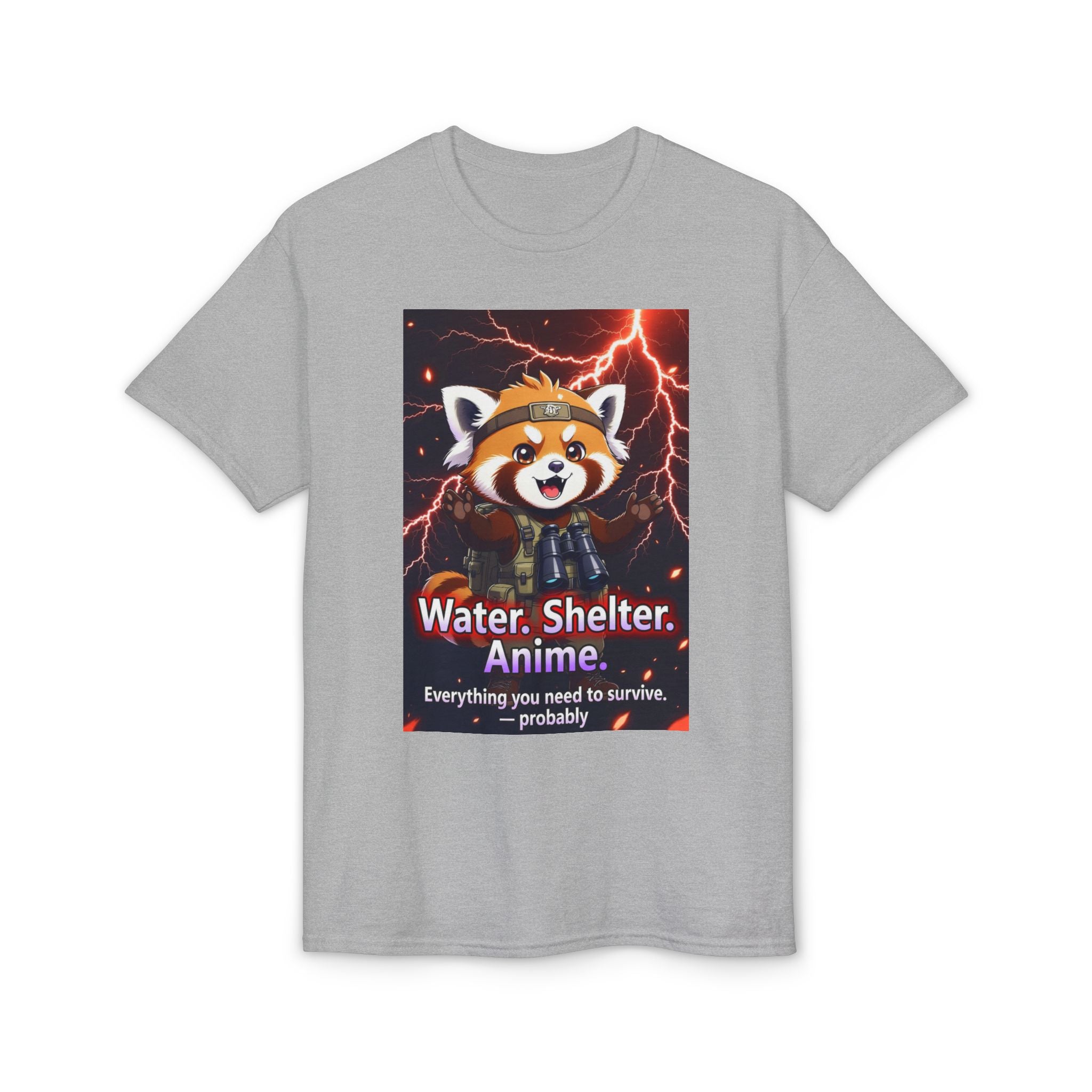 Anime Red Panda Tee — "Water. Shelter. Anime." Survival Humor Shirt