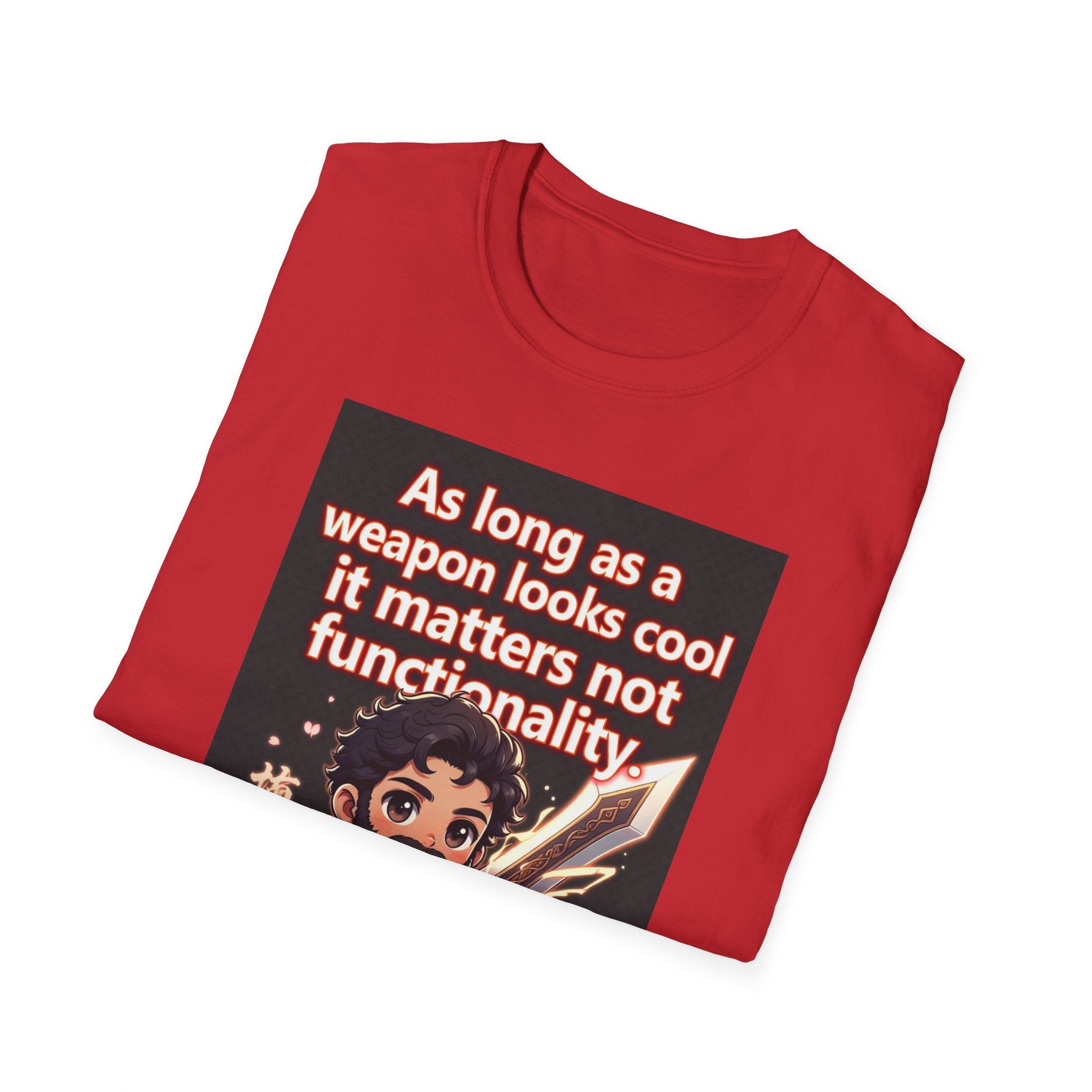 Funny Gaming T-Shirt — "As long as a weapon looks cool it matters not functionality — Aristotle Probably"
