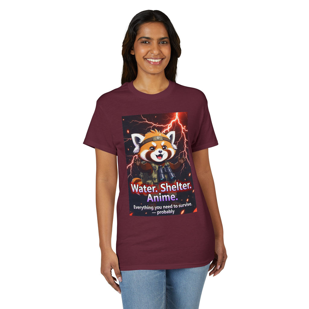Anime Red Panda Tee — "Water. Shelter. Anime." Survival Humor Shirt