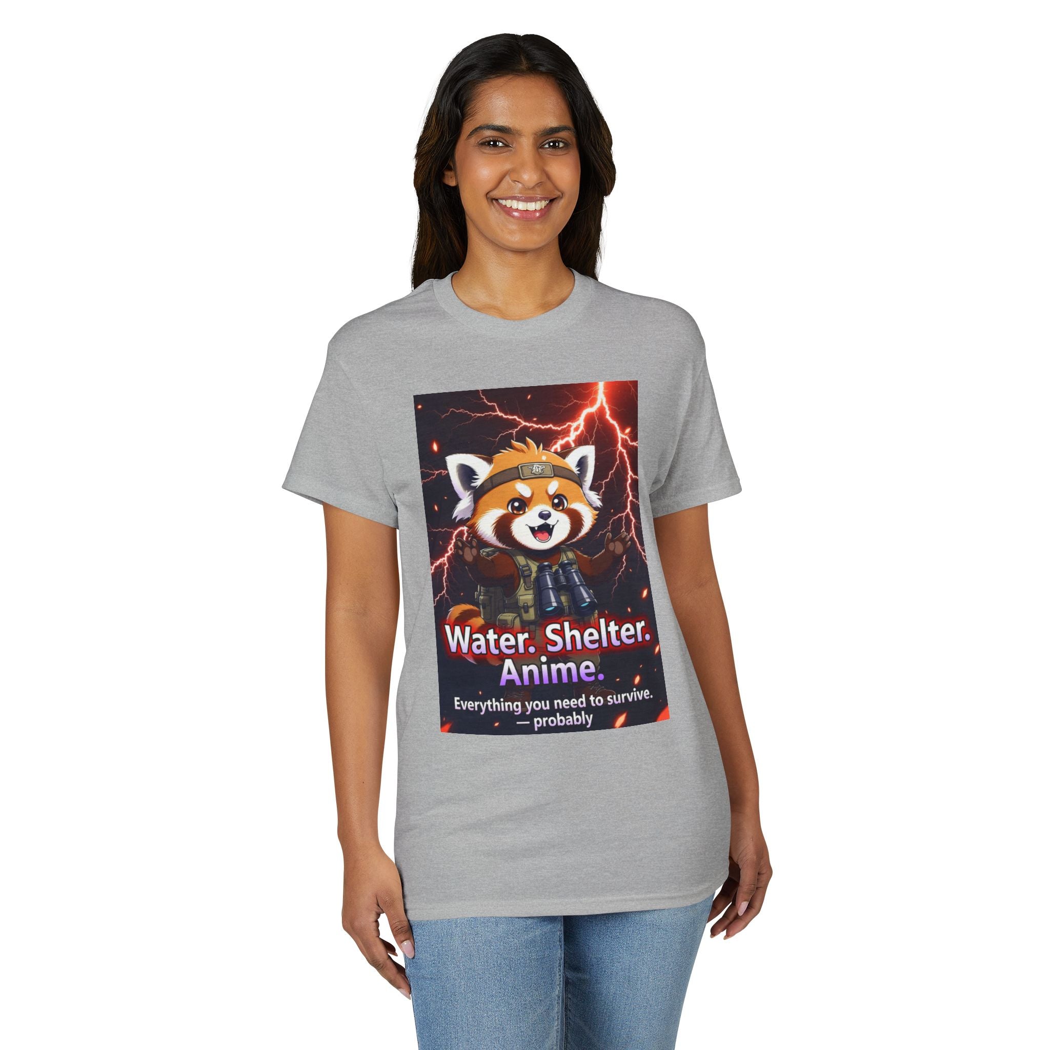 Anime Red Panda Tee — "Water. Shelter. Anime." Survival Humor Shirt