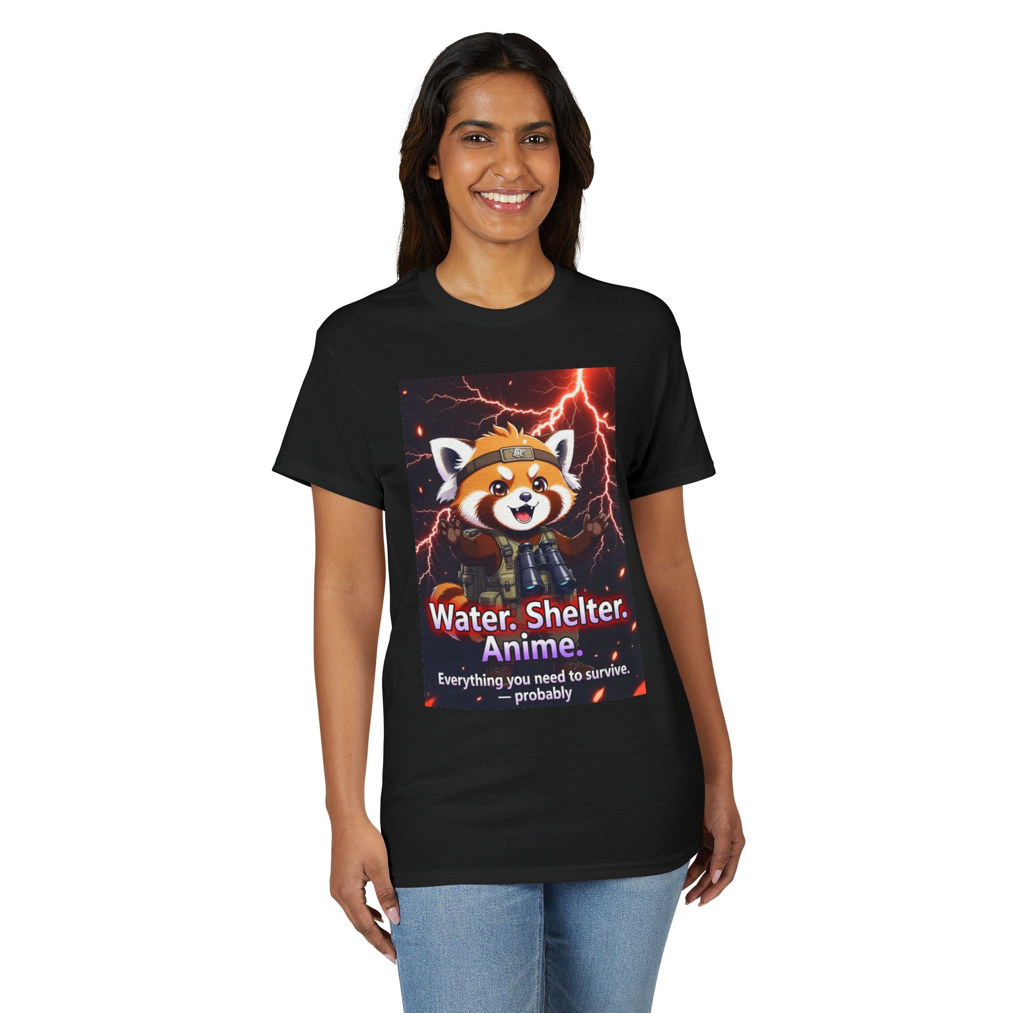 Anime Red Panda Tee — "Water. Shelter. Anime." Survival Humor Shirt