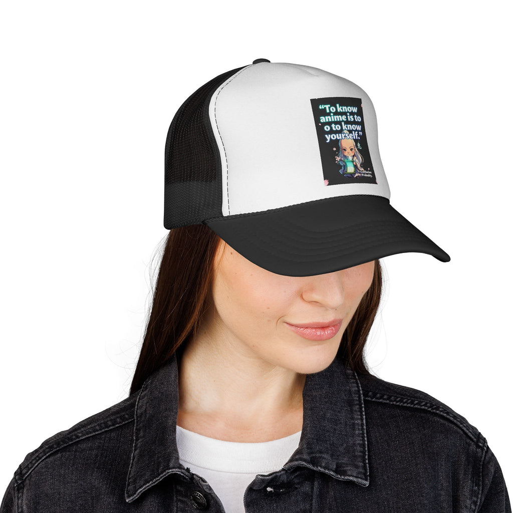 "To know anime is to know yourself" chibi character Trucker Cap | Anime Quote Hat