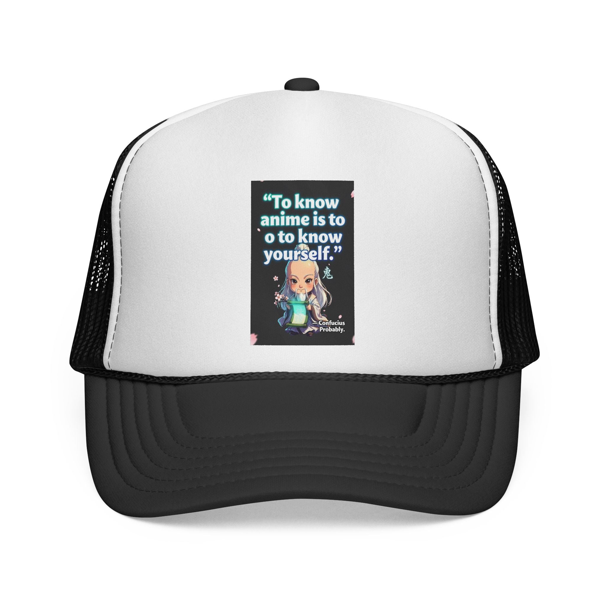 "To know anime is to know yourself" chibi character Trucker Cap | Anime Quote Hat