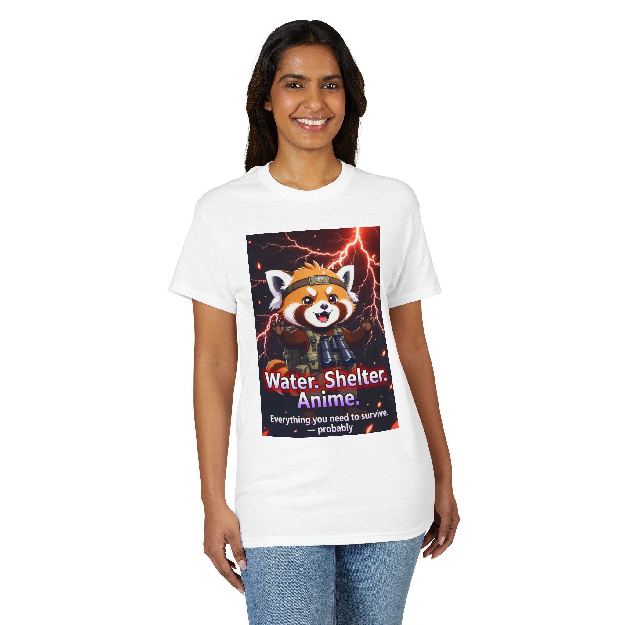 Anime Red Panda Tee — "Water. Shelter. Anime." Survival Humor Shirt