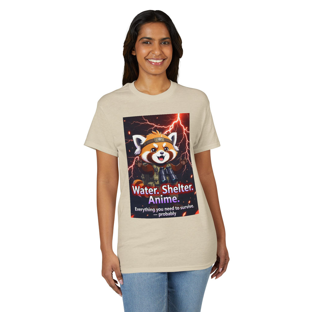 Anime Red Panda Tee — "Water. Shelter. Anime." Survival Humor Shirt