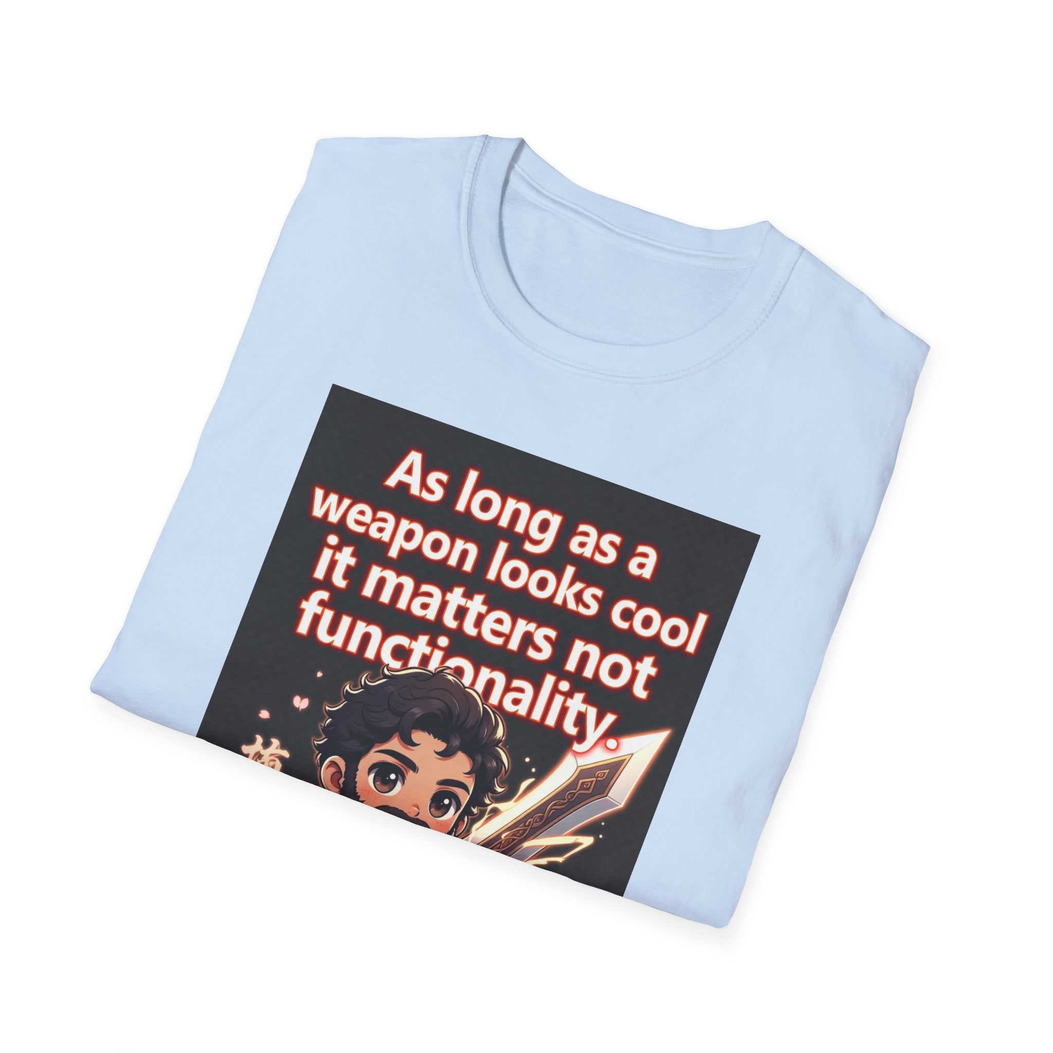 Funny Gaming T-Shirt — "As long as a weapon looks cool it matters not functionality — Aristotle Probably"