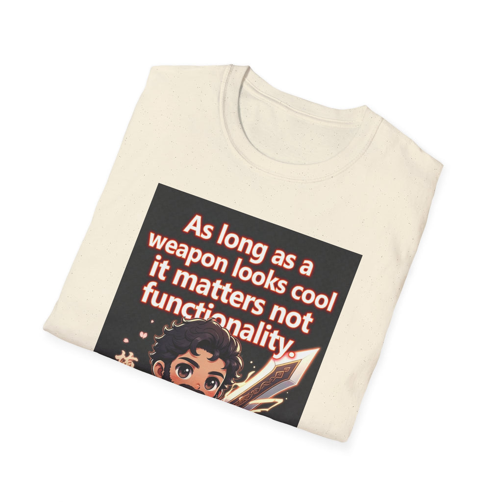Funny Gaming T-Shirt — "As long as a weapon looks cool it matters not functionality — Aristotle Probably"
