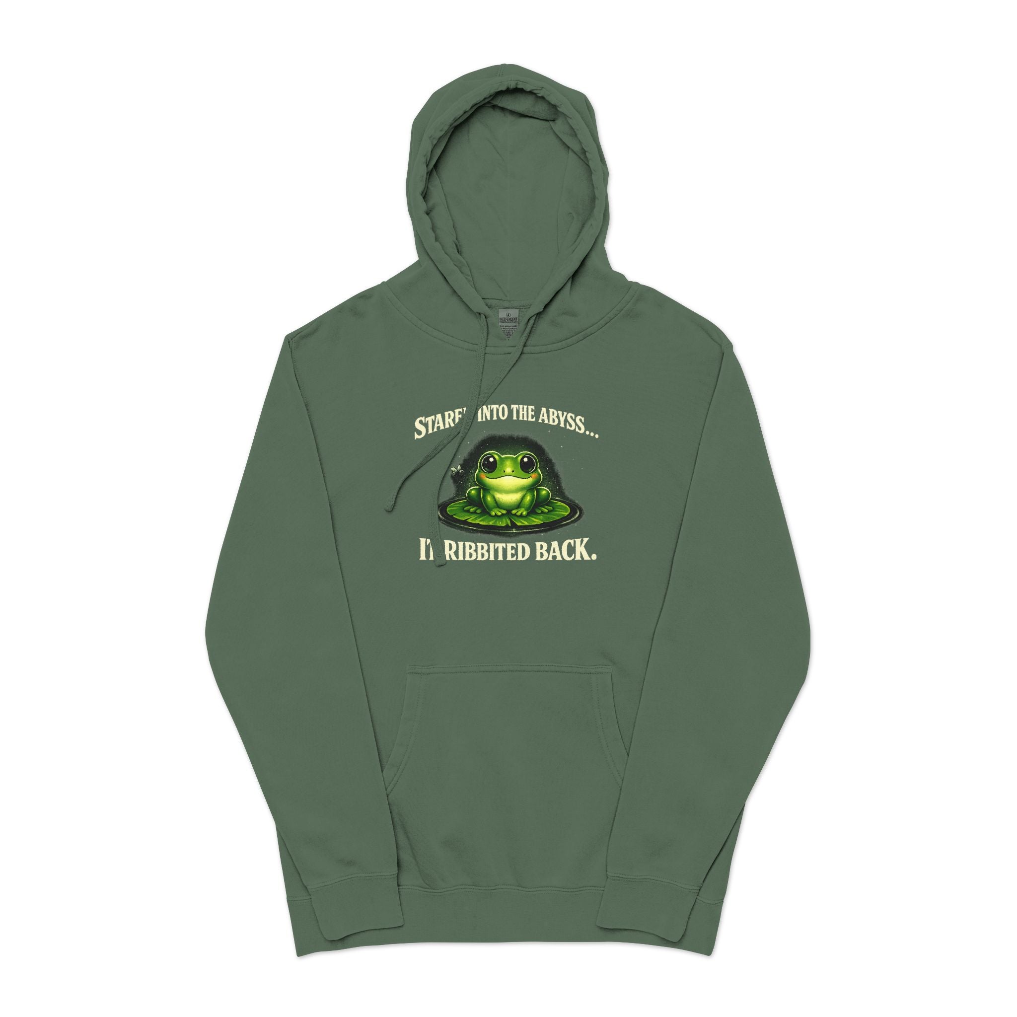 Pigment-Dyed Hoodie — "Stare Into The Abyss, It Stared Back" Frog Graphic