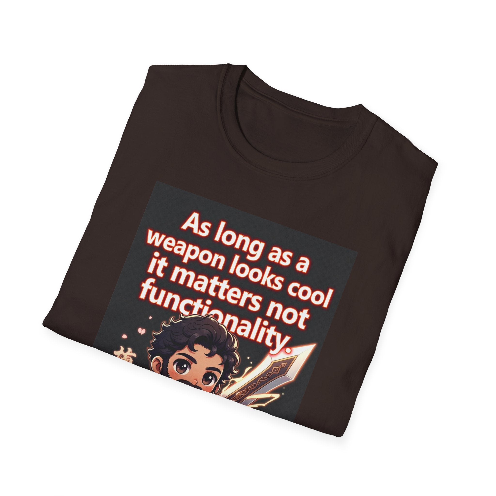 Funny Gaming T-Shirt — "As long as a weapon looks cool it matters not functionality — Aristotle Probably"