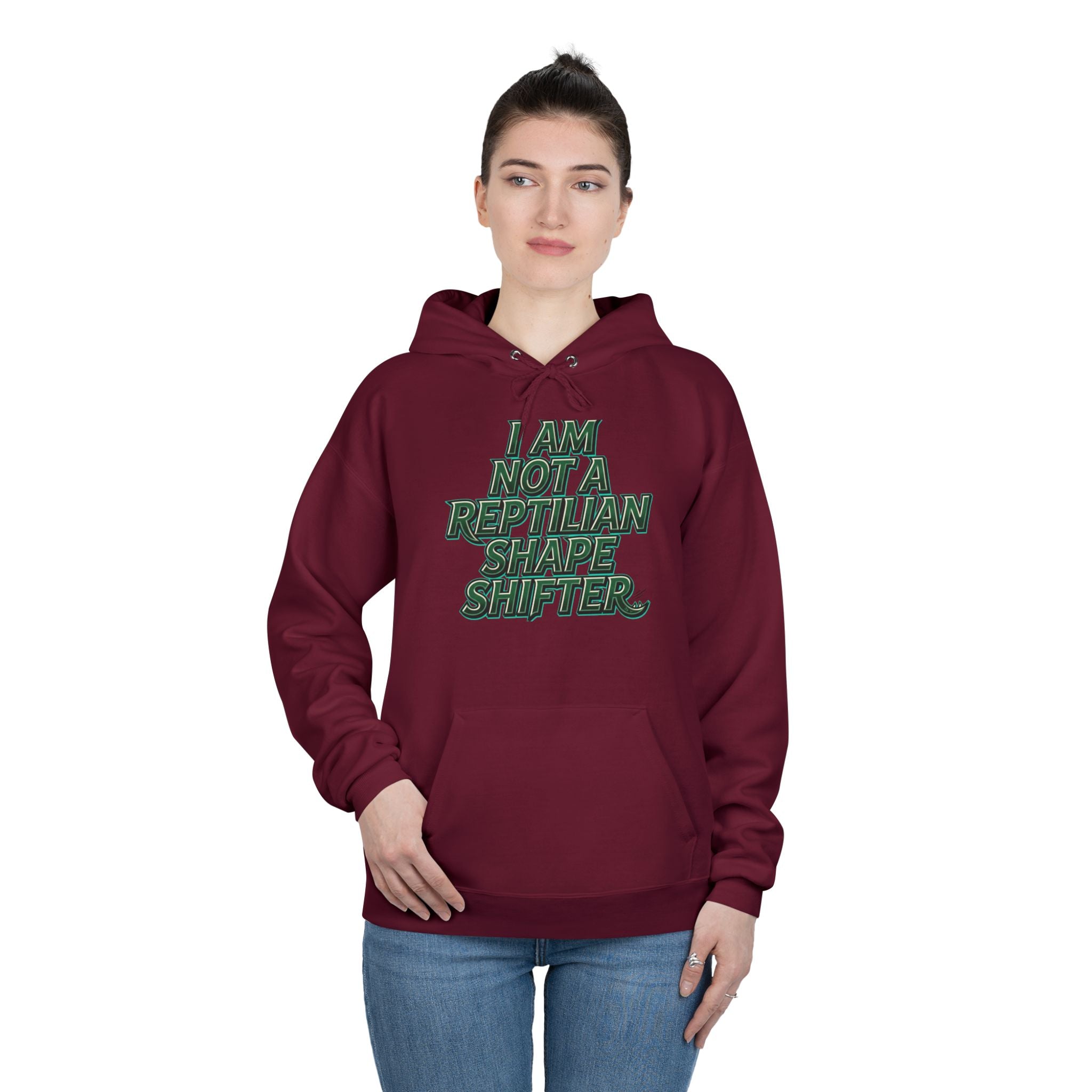 I Am Not A Reptilian Shape Shifter Hoodie – Statement Graphic Pullover
