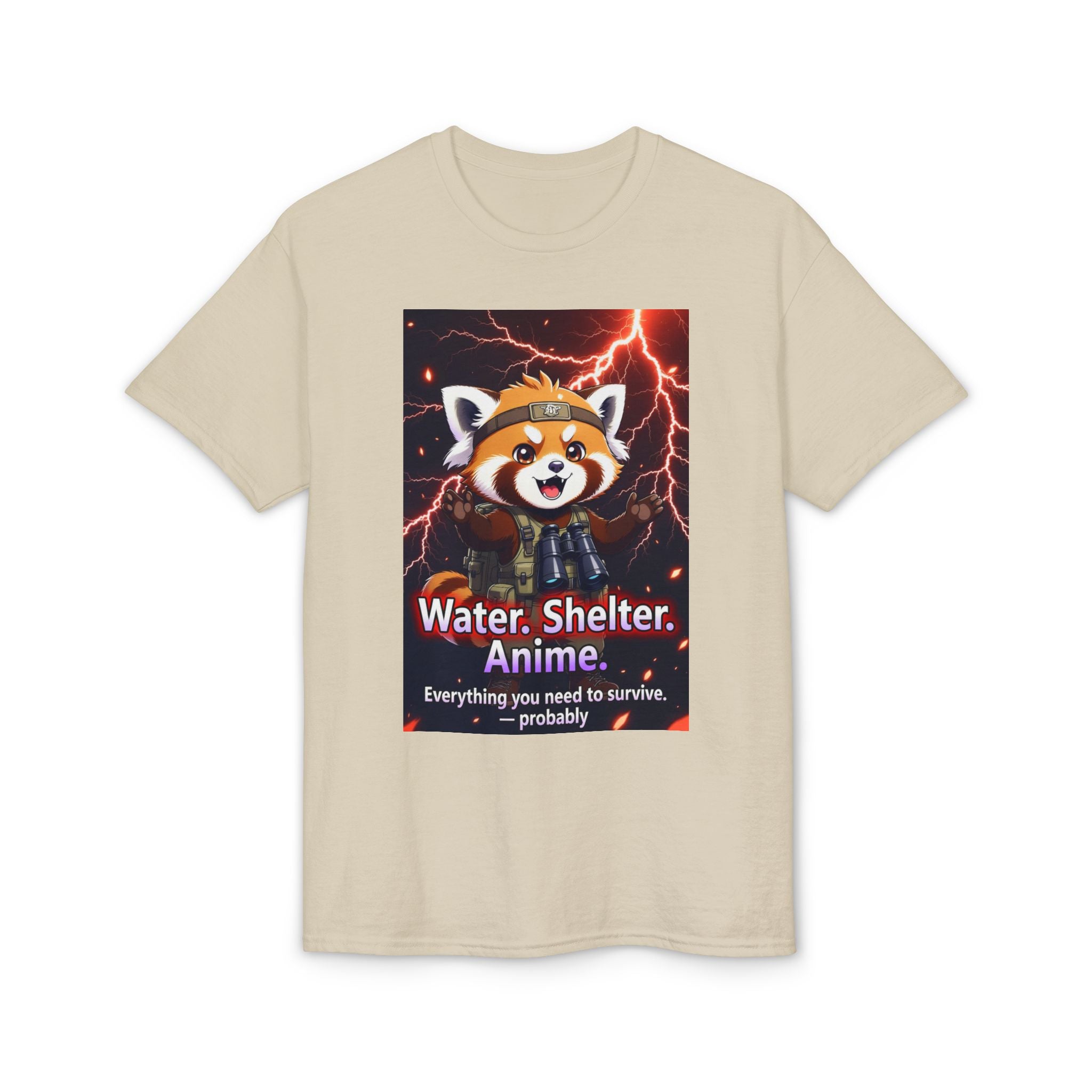 Anime Red Panda Tee — "Water. Shelter. Anime." Survival Humor Shirt