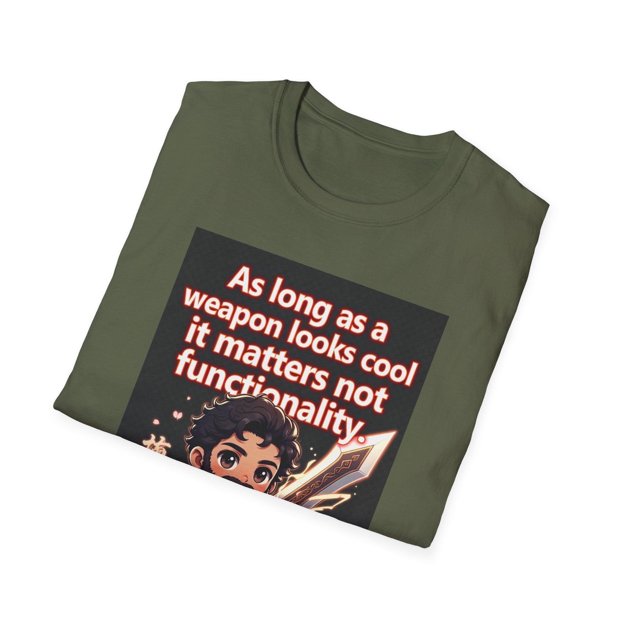Funny Gaming T-Shirt — "As long as a weapon looks cool it matters not functionality — Aristotle Probably"