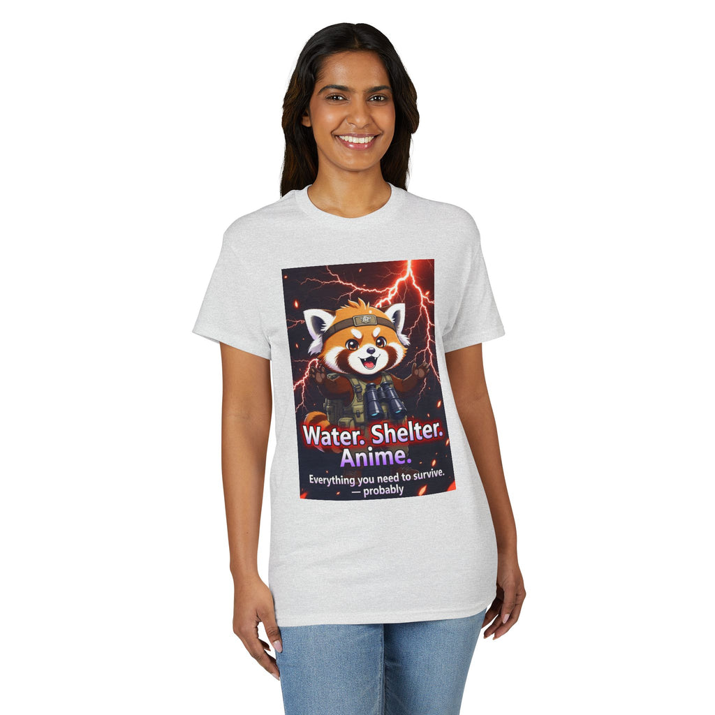 Anime Red Panda Tee — "Water. Shelter. Anime." Survival Humor Shirt