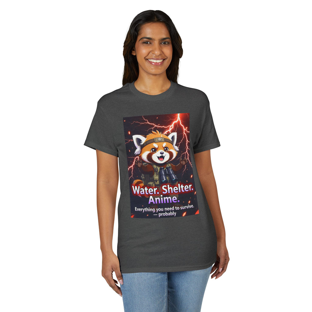 Anime Red Panda Tee — "Water. Shelter. Anime." Survival Humor Shirt