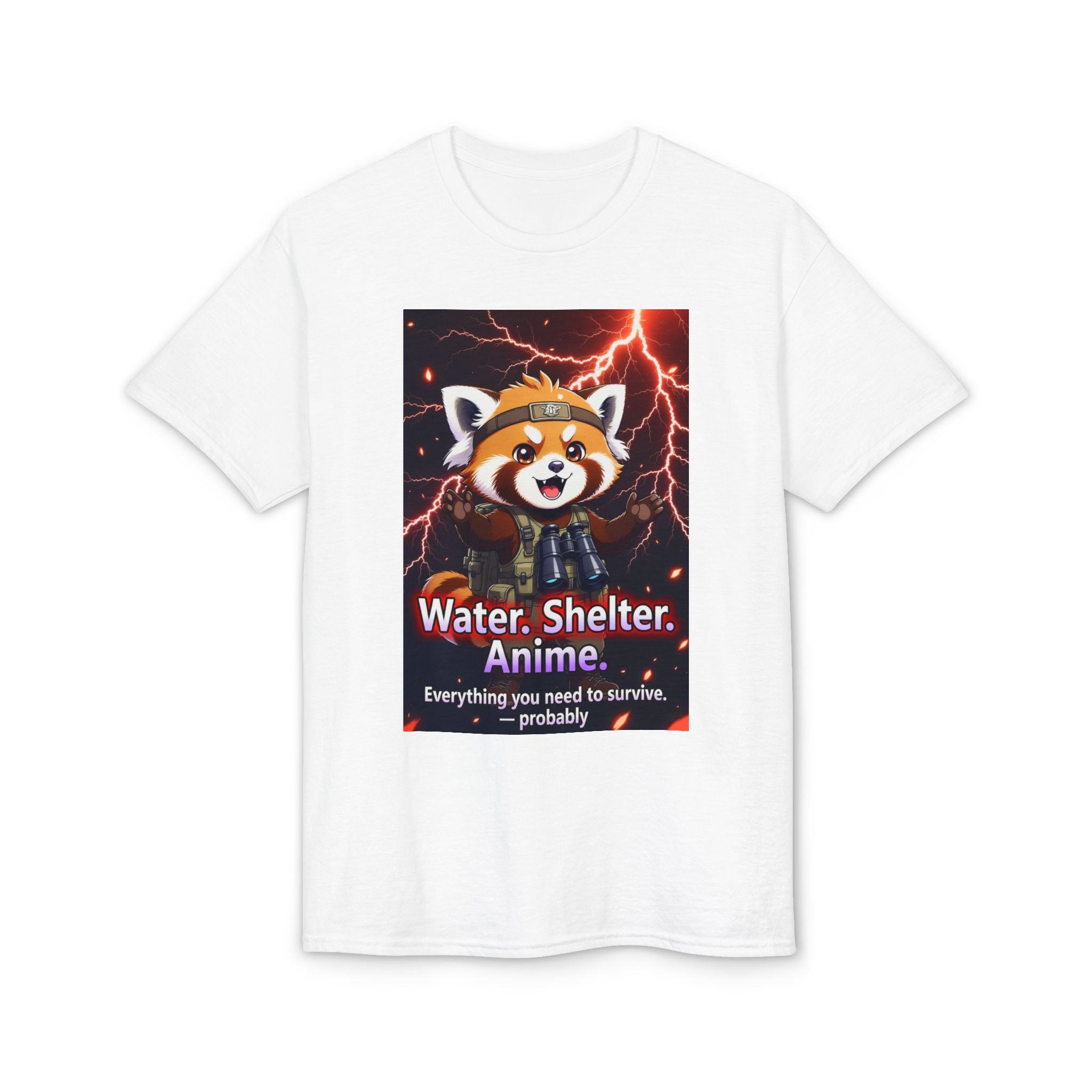 Anime Red Panda Tee — "Water. Shelter. Anime." Survival Humor Shirt