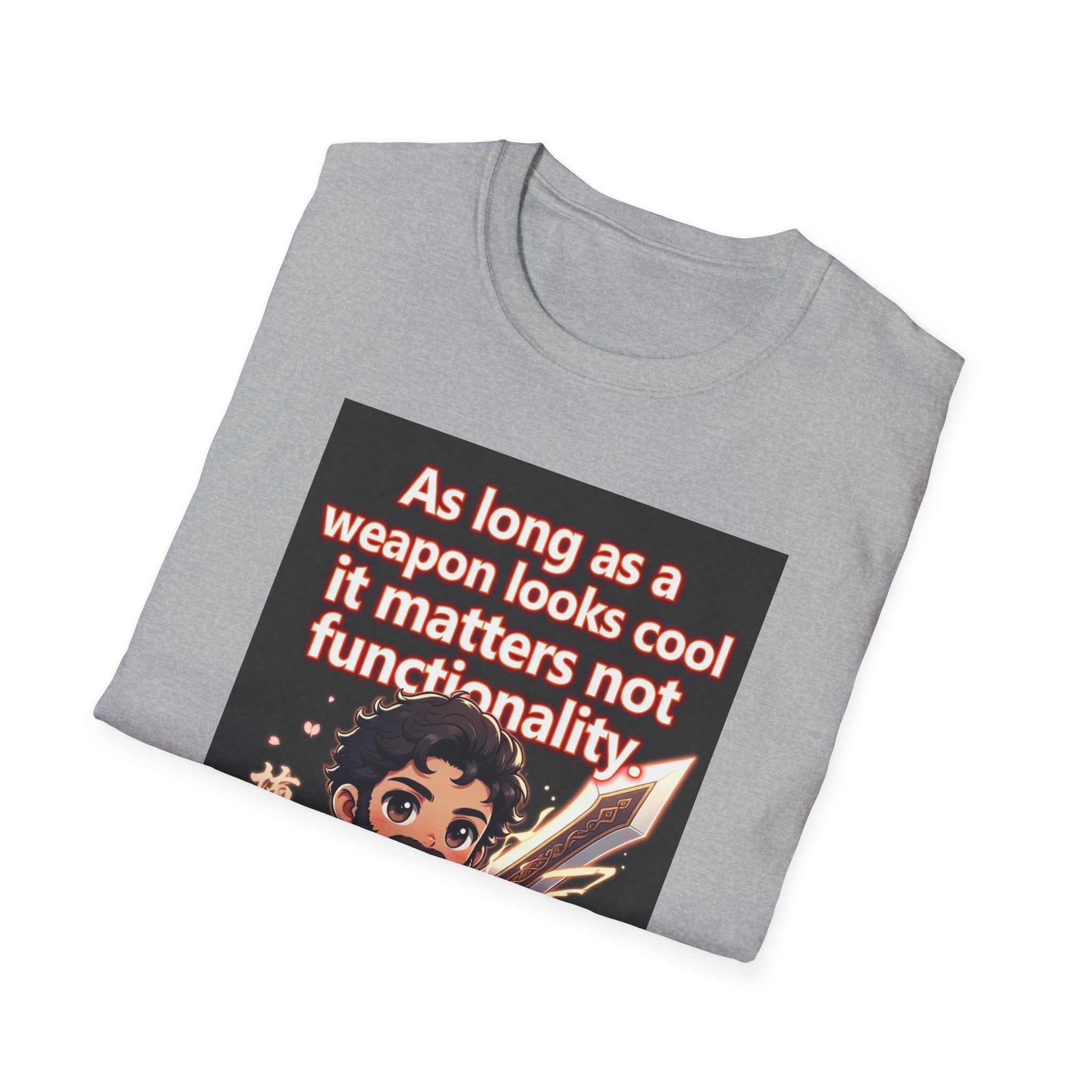 Funny Gaming T-Shirt — "As long as a weapon looks cool it matters not functionality — Aristotle Probably"