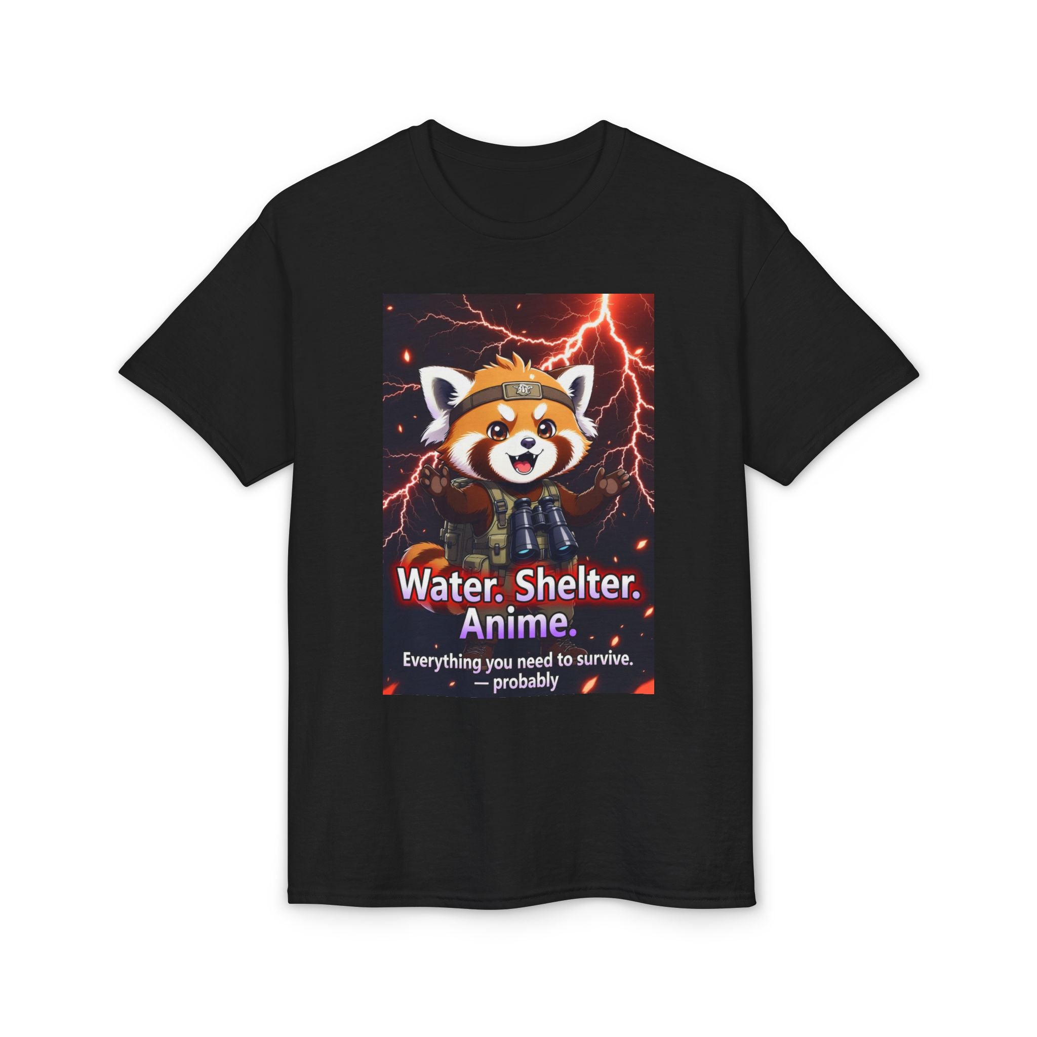 Anime Red Panda Tee — "Water. Shelter. Anime." Survival Humor Shirt