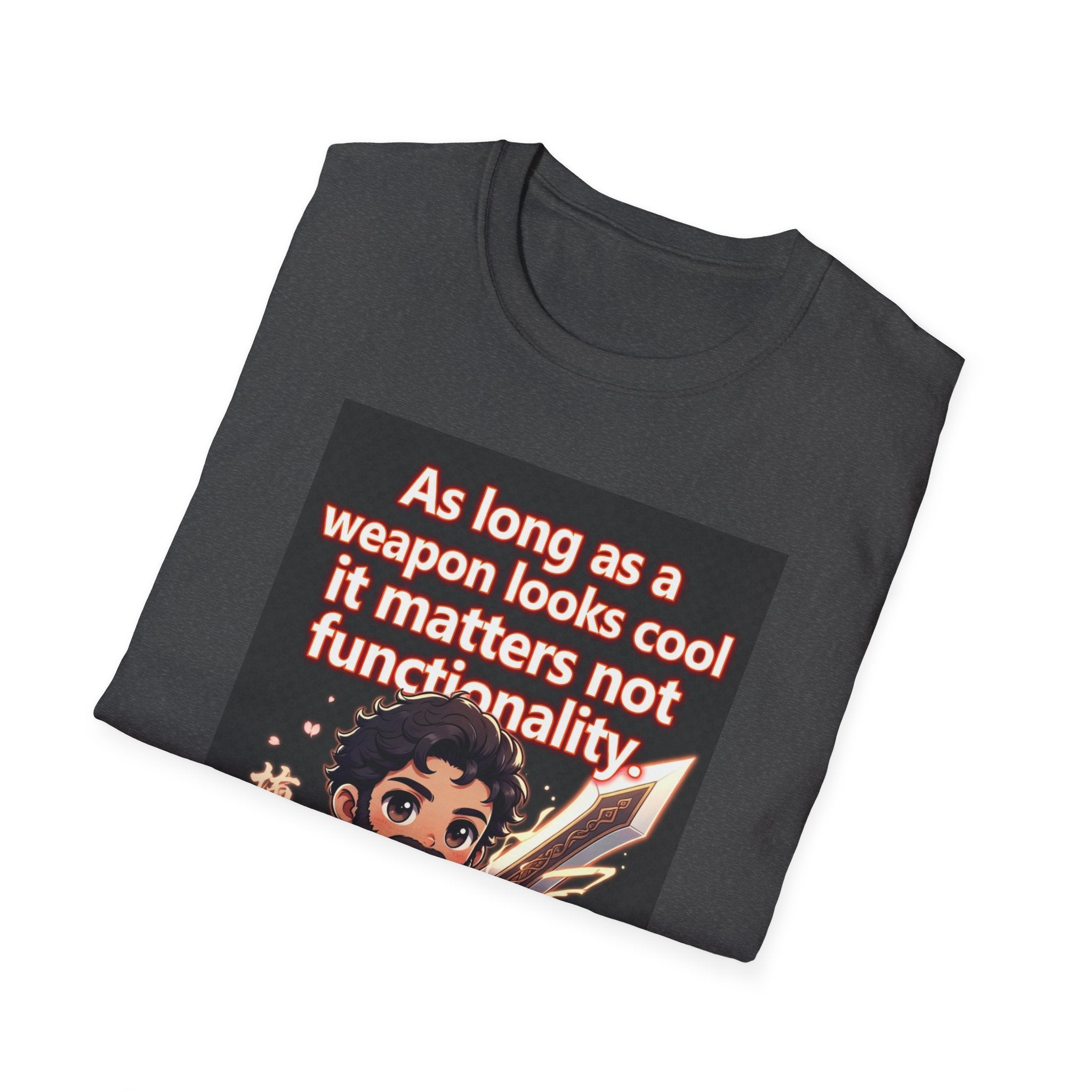 Funny Gaming T-Shirt — "As long as a weapon looks cool it matters not functionality — Aristotle Probably"