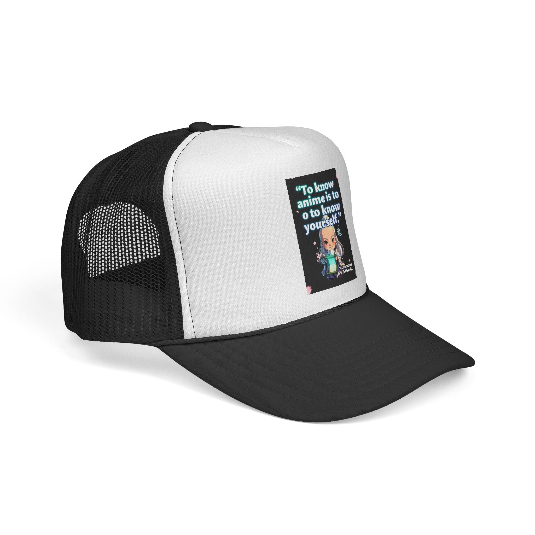 "To know anime is to know yourself" chibi character Trucker Cap | Anime Quote Hat